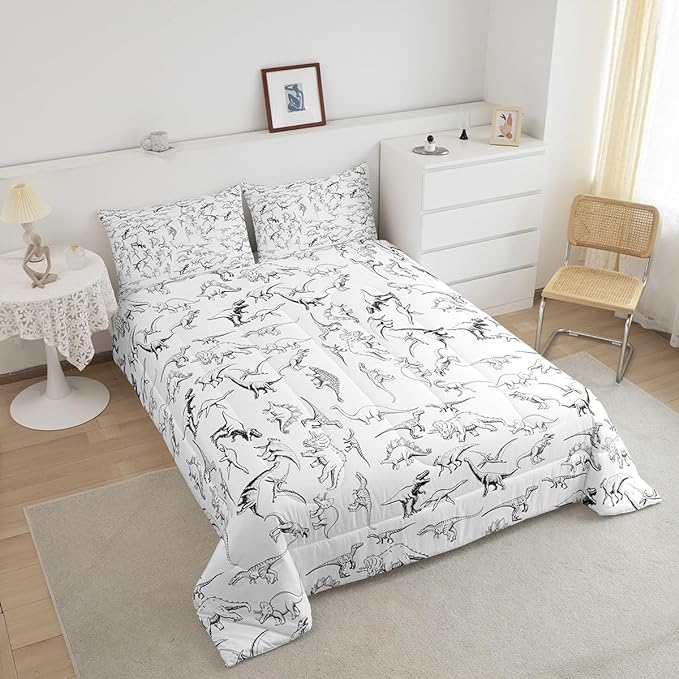 Feelyou Dinosaur Bedding Set Full Size 3D Digital Print Comforter Set for Kids Boys Girls Decor Jungle Dino Comforter Wild Animal Black and White Duvet Set Bedroom Quilt Set