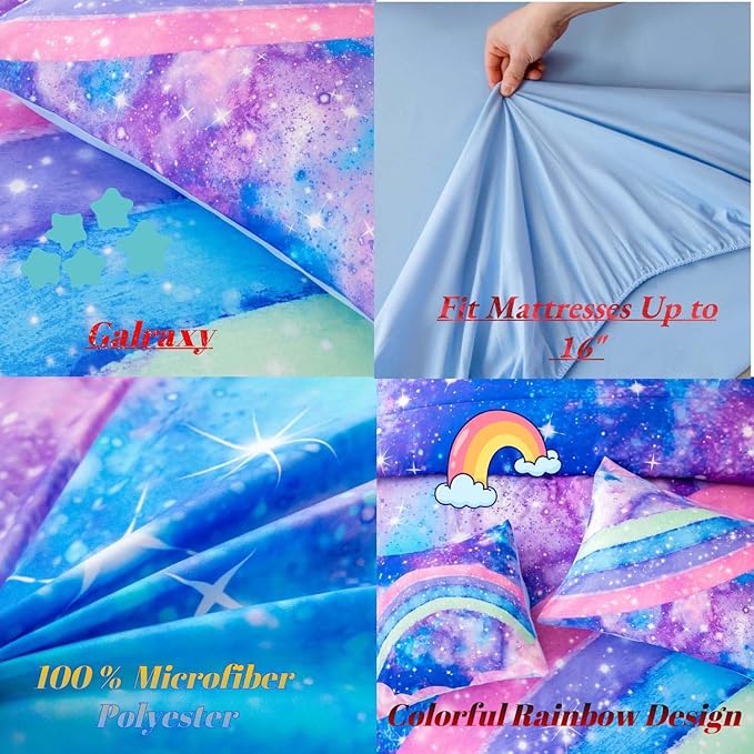 Tie Dye Blue Teens Comforter Set Queen for Girls, 3D Rainbow Gradient Glitter Bed in A Bag, 6 Pieces Twinkle Nebula Comforter Kids Bedding Set for All Season