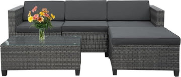 5 Piece Outdoor Patio Sectional Furniture Set, Weather Resistant Rattan Outside Couch, Waterproof Conversation Sofa for Balcony, Porch, Backyard, Deck, Garden, Grey