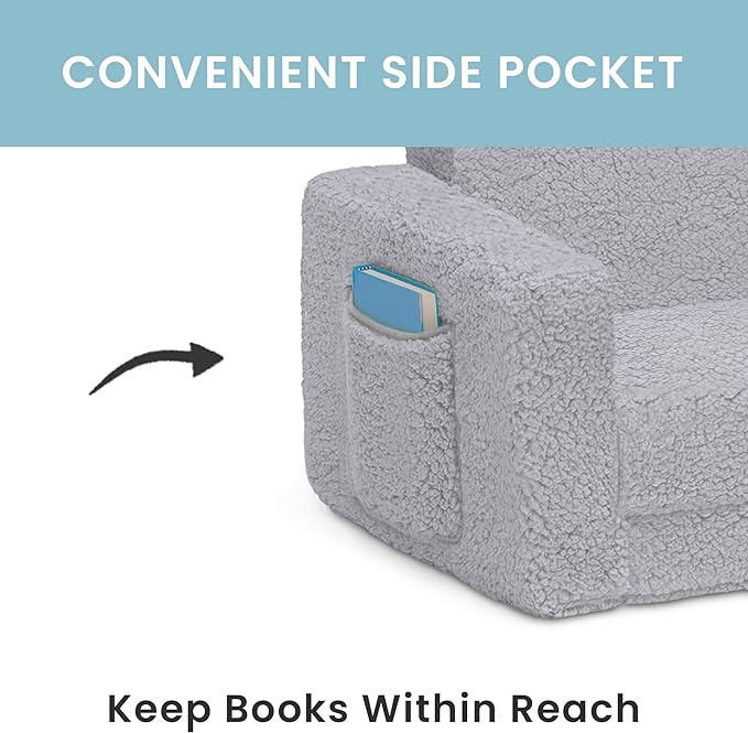 Delta Children Cozee Flip-Out Sherpa 2-in-1 Convertible Chair to Lounger for Kids, Grey