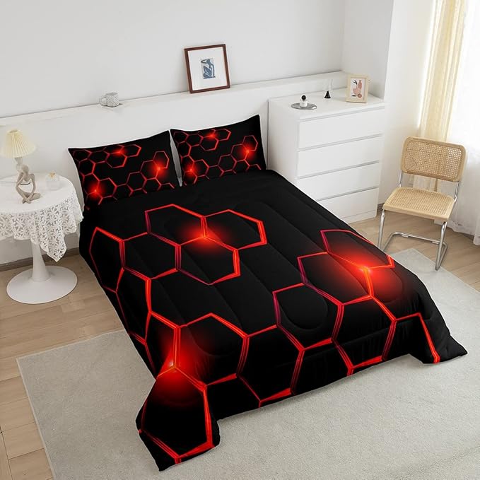 Honeycomb Kids Comforter Set Modern Geometry Hexagon Bedding Set for Boys Children Teens Bedroom Decor Geometrical Comforter Beehive Geometric Black Red Duvet Set Queen Size with 3 Pillow Case