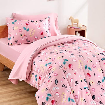 SLEEP ZONE Kids Twin Bedding Comforter Set - Super Cute & Soft Kids Bedding 5 Pieces Set with Comforter, Sheet, Pillowcase & Sham (Pink Flower)