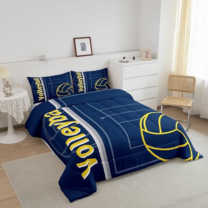 Feelyou Volleyball Bedding Set Full Size Sports Game Comforter Set for Kids Boys Girls Decor Volleyball Player Comforter Microfiber Blue Yellow Duvet Set Bedroom Quilt Set