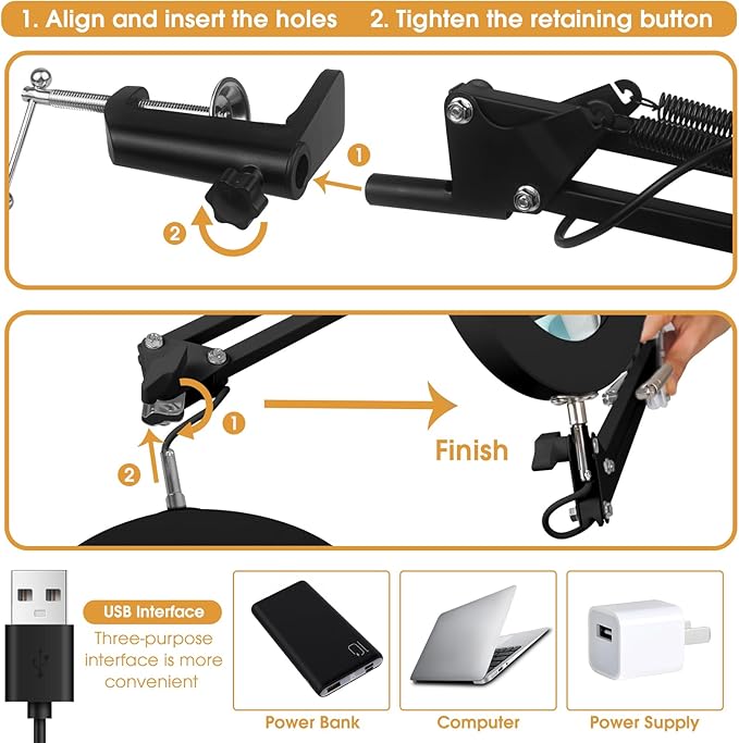 5X Magnifying Glass with Light and Stand, Real Glass Desk Lamp & Clamp, Craft Light Lamp with 3 Color Modes, LED Lighted Magnifier with Light for Hobby Reading Crafts Repair Close Works(Black)