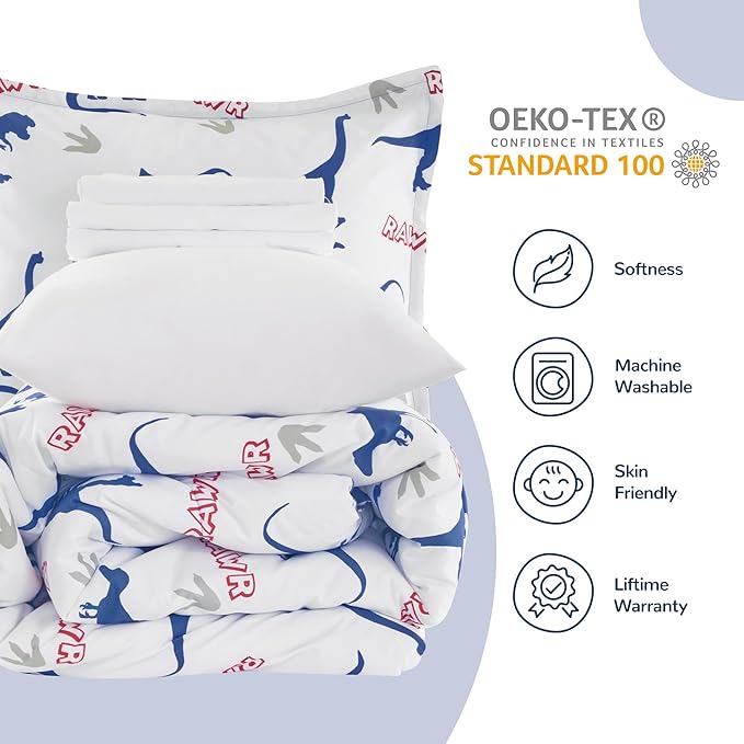 SLEEP ZONE Kids Bedding Set for Boys, Dinosaur Pattern, Super Soft and Breathable, All Season Use Comforter Set, 7 Pieces (Dinosaur Footprints, Full/Queen)