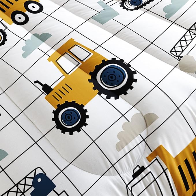 Datura home Construction Truck Set for Boys Kids Children, Machinery Excavators Vehicles Cartoon Tractor Bedding with 1 and 2 Pillowcases(ConstructionTruck Full), Full 80x90inches