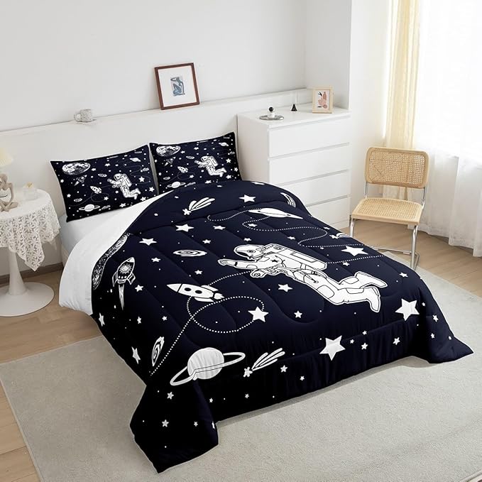 Feelyou Solar System Comforter Set Full Size Outer Space Comforter for Kids Teens Adults Universe Planets Bedding Set Cute Astronaut Blue White Duvet Set Room Decor 3Pcs with 2 Pillow Case