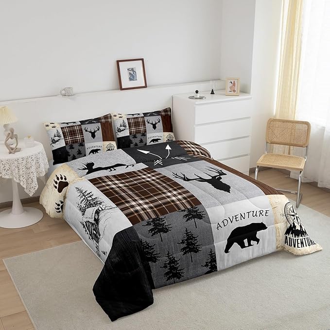 Deer Antler Comforter Set Queen Size,Bear Paw Pine Trees Rustic Farmhouse Bedding Set for Boys Girls Adults Room Decor,Geometric Plaids Arrows Down Comforter,Brown Retro Duvet Insert,2 Pillowcases