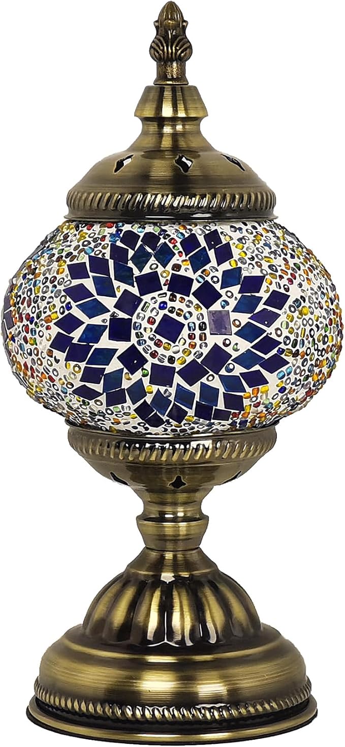 Turkish Moroccan Lamp Mosaic Stained Glass Lamp Bohemian Tiffany Style Bedside Lamps (Blue Multi-colored)