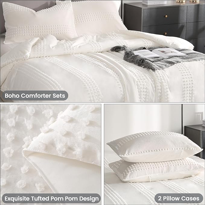 ENJOHOS White Full Size Comforter Bedding Set, 3 PCS Boho Comforter with Tufted Dots, Shabby Chic Bedding Comforter for All Season, Lightweight Fluffy Microfiber Comforter with 2 Pillowcases