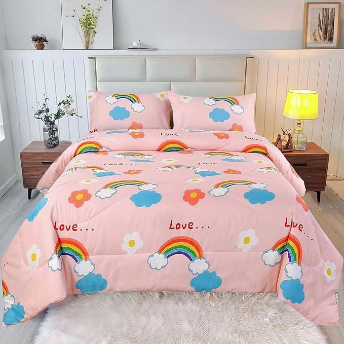 3PCS Rainbow Comforter Set Twin, Cute Pink Twin Size Flower Cloud and Rainbow Comforter Aesthetics, Super Soft and Comfort Microfiber, Kawaii Girls’ Bedroom Decor for Kids, Teens, Children, Women