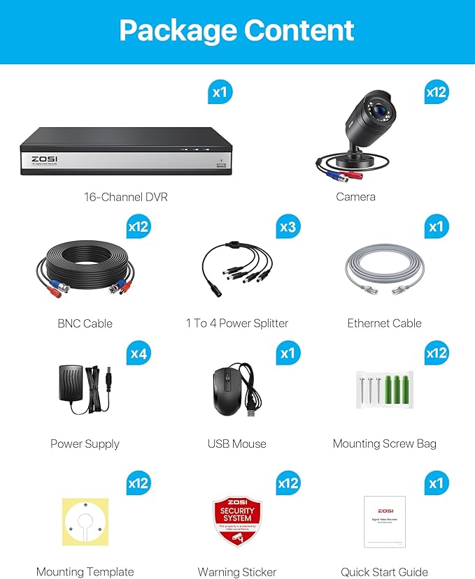ZOSI 3K Lite 16CH Security Camera System,12pcs Wired 1080P Outdoor Indoor Weatherproof Cameras,AI Human Vehicle Detection,Night Vision,H.265+ 16 Channel CCTV DVR with 2TB HDD for 24/7 Recording