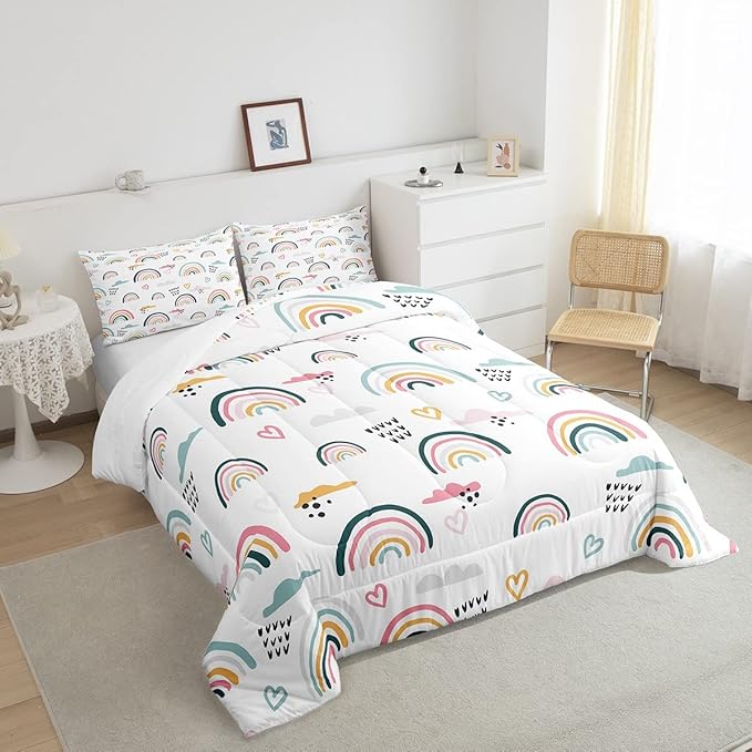 Erosebridal Rainbow Bedding Set for Kids Girls, Pink Love Heart Comforter Set Queen Size Cartoon Cloud Geometric Stripes Bedding Comforter for Boys Children Women Watercolor Art Girly Duvet Sets