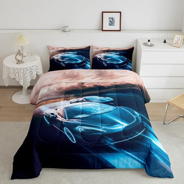 Erosebridal Sports Car Queen Comforter Set, Racing Car Cool Speed Bedding 3pcs for Kids Boys Teens Bedroom Decor, Race Car Blue and Black Print Bedding Comforters & Sets, 1 Comforter 2 Pillowcases