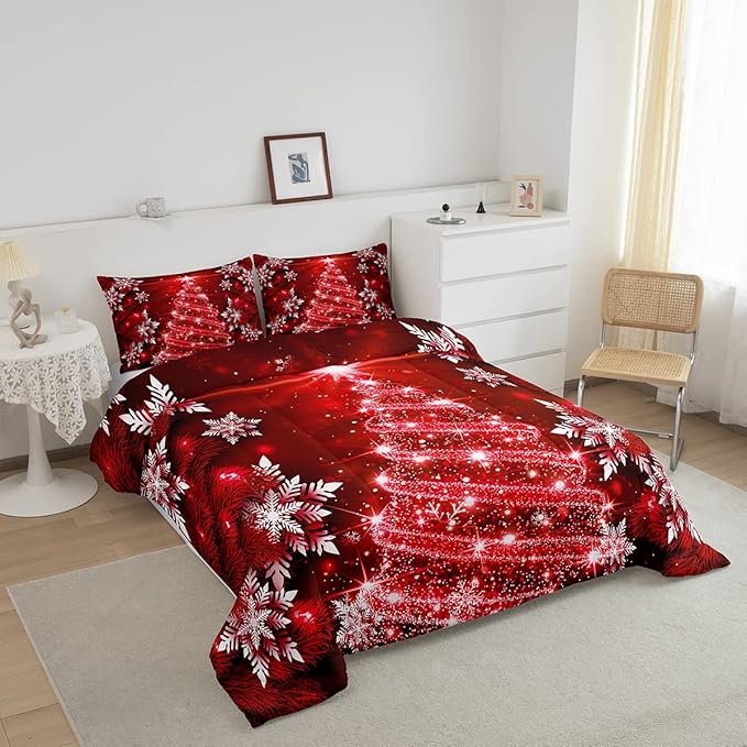 Feelyou Christmas Tree Comforter Set for Children Kids Boys Girls Luxury Chic Xmas Theme Bedding Set Glitter Snowflake Star Comforter Microfiber Red Duvet Set Room Decor Quilt Set Twin Size