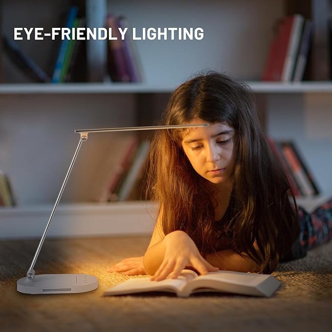 LED Desk Lamp for Home Office, Dimmable Table Lamp with USB Charging Port, 5 Lighting Modes, Sensitive Control, 60 Minutes Auto-Off Timer, Eye-Caring Office Lamp(White)