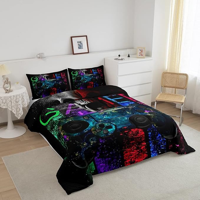 Gamer Bedding Sets for Boys, Gaming Down Comforter Twin Size, Gamer Room Decor Bedding Kids Video Games Comforter Set, Sugar Skull Gamepad Bed Duvet Sets for Men Bedroom,with 1 Marble Pillow Sham