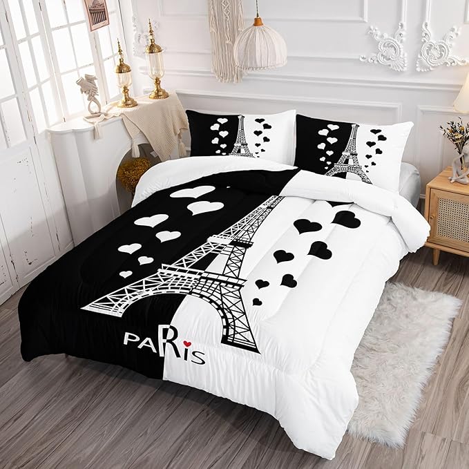 Datura home Kids Comforter Set Eiffel Tower Printed Pattern Bedding Set with 1 Comforter and 2 Pillowcases for Girls Boys Bedroom All Season(Tower1 Queen)