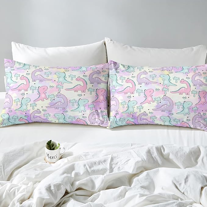 Erosebridal Dinosaur Comforter Set Full Size, Kawaii Dinosaur Bedding Sets for Kids Girls Boys Gift Bedroom Decor, Cartoon Cute Animals Duvet Set,Palm Leaf Down Comforter, Green Purple Pink