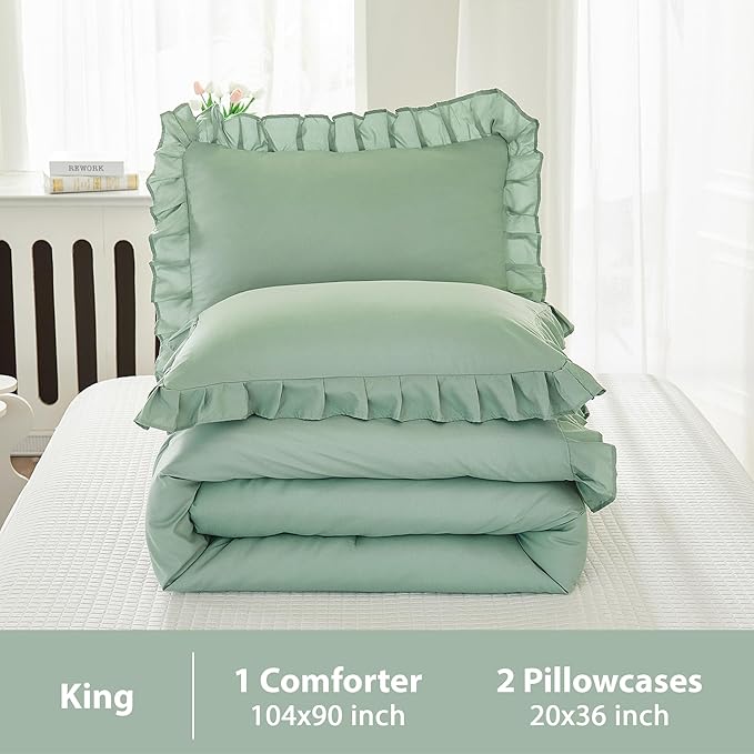 Andency Sage Green Comforter Set King, 3 Pieces Vintage Farmhouse Shabby Chic Ruffle Comforter, Lightweight Soft All Season Microfiber Down Alternative Bedding Comforter Set (104x90Inch, Green)
