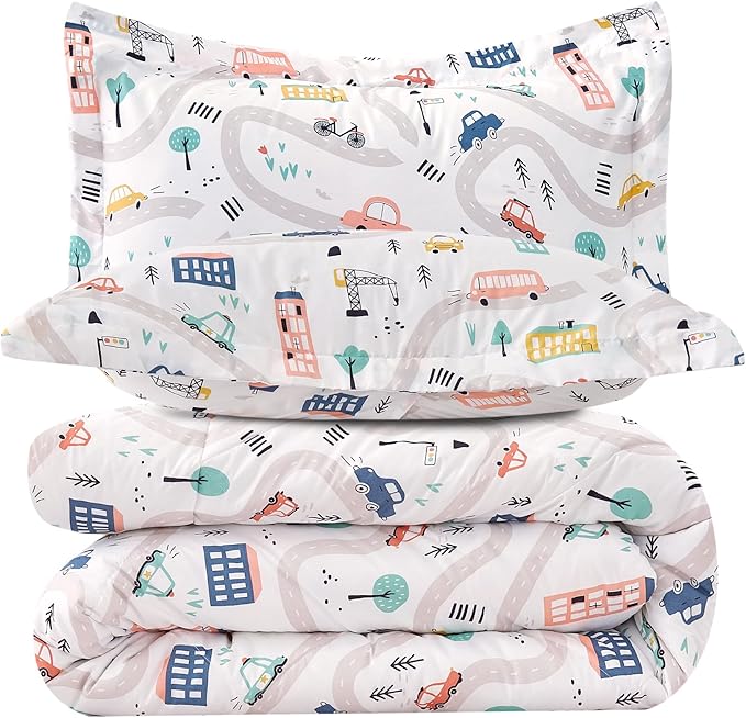 JSD Car Kids Printed Comforter Set for Boys Girls, 2 Pieces Twin Microfiber Comforter with Pillow Sham, Soft Comfortable Machine Washable