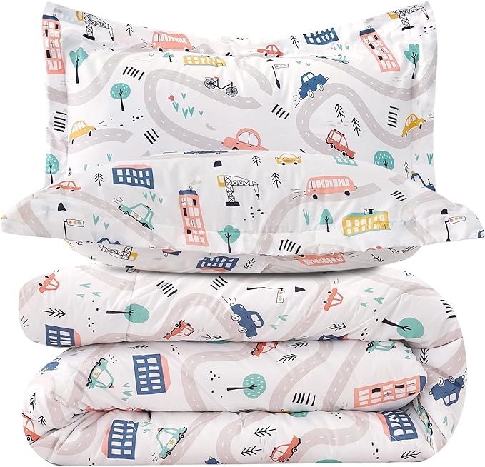 JSD Car Kids Printed Comforter Set for Boys Girls, 3 Pieces Full Microfiber Comforter with Pillow Sham, Soft Comfortable Machine Washable