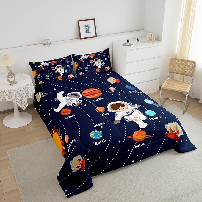 Feelyou Solar System Comforter Set Queen Size Outer Space Comforter for Kids Teens Adults Universe Planets Bedding Set Cute Astronaut Blue Duvet Set Room Decor 3Pcs with 2 Pillow Case