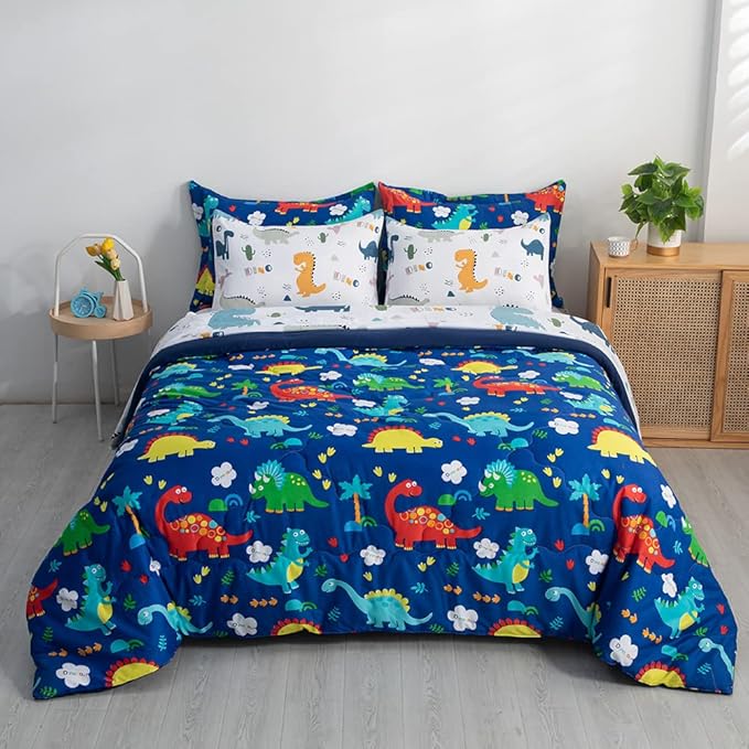 Wajade 7 Piece Kid Boys Dinosaur Comforter Set Queen Size 3D Blue Dinosaur Wild Park Jungle Print Bedding Set with Comforter, Sheet Set, Pillowcase and Sham