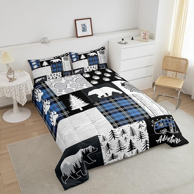 Bear Paws Comforter Set King Size,Pine Trees Geometric Plaids Patchwork Bedding Set for Kids Boys Girls Adults Room Decor,Hunting Adventure Down Comforter,Blue Rustic Duvet Insert,2 Pillowcases