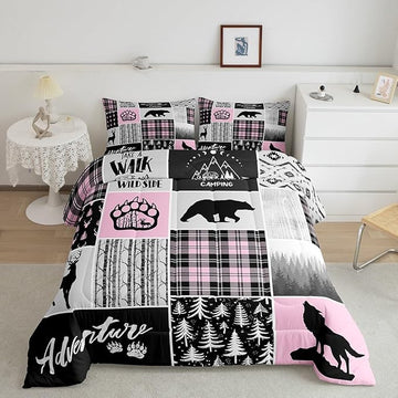 Rustic Farmhouse Comforter Set King Size,Deer Bear Wolf Hunting Animals Bedding Set for Kids Boys Girls Adults Room Decor,Pine Trees Patchwork Down Comforter,Pink Xmas Duvet Insert,2 Pillowcases