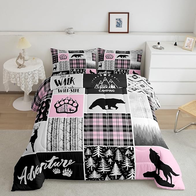 Rustic Farmhouse Comforter Set Twin Size,Deer Bear Wolf Hunting Animals Bedding Set for Kids Boys Girls Adults Room Decor,Pine Trees Patchwork Down Comforter,Pink Xmas Duvet Insert,1 Pillowcase