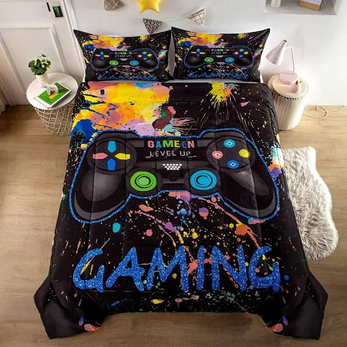 Gamer Comforter Sets for Teen Boys,Gaming Bedding Sets Full,Video Game Bedspread,Game Gamepad Bed Set,Controller Bedding Gamer Home Decor 3 Piece 1 Comforter and 2 Pillowcases