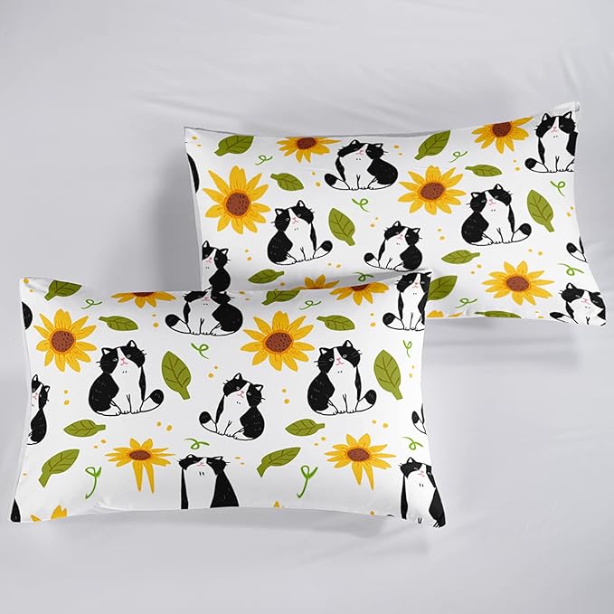Kawaii Cat Comforter Full Size,Sunflower Cat Comforter Set for Kids Teens Girls Boys,3Pcs Bedding Set Printed Comforter with 2 Pillowcases,Down Alternative,Soft and Lightweight，Full Size