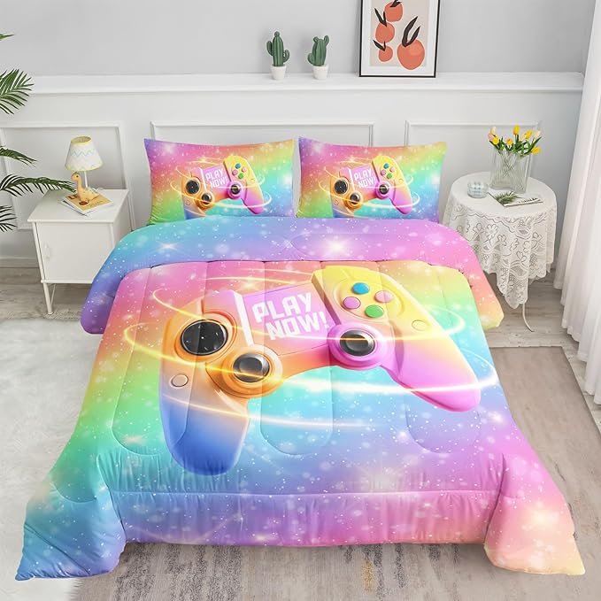 Datura home Bedding Comforter Set Rainbow Gamepad Printed Pattern Quilt with 1 and 2 Pillowcases for Girls Bedroom All Season(Rainbow Queen) Queen 90x90inches