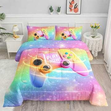 Datura home Bedding Comforter Set Rainbow Gamepad Printed Pattern Quilt with 1 and 2 Pillowcases for Girls Bedroom All Season(Rainbow Twin) Twin 68x86inches
