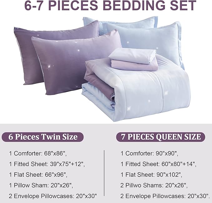 Girls Comforter Set Full Size Colorful Ombre Purple Rainbow Bedding Set Bed in A Bag for Kid Teen Girls 7 Pieces (1 Comforter, 1 Flat Sheet, 1 Fitted Sheet, 2 Pillow shams, 2 Pillowcases)