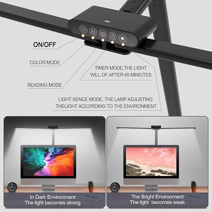 Led Desk Lamp for Office Home - Eye Caring Architect Table Light with Clamp, Dual Screen Computer Smart Light 5 Color 24W Lighting Table Lamp