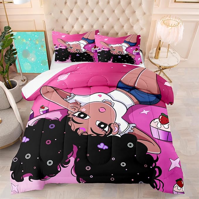 Black Girl Full Size Comforter Set for Girls Bedroom Decor African American Girl Bedding Set Pink Full Quilt Set with 2 Pillowcases Black Girl Magic Comforter Set Gifts for Black Women Girls