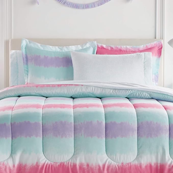 dream FACTORY Tie Dye Stripe 5-Piece Microfiber Bag Comforter Bedding Set Super Soft-Twin, Purple Multi,2D871601MU