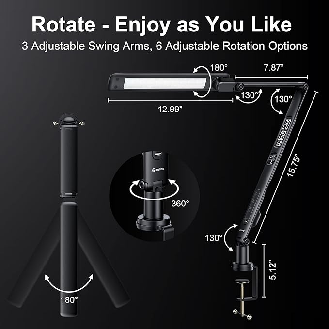 LED Desk Lamp with USB Charging Port, Evo Natural Spectrum,Professional Grade Adjustable Table Light with 6 Axis Swing Arm, Architect Desk Lamp for Painting, Reading, Home Office-Black