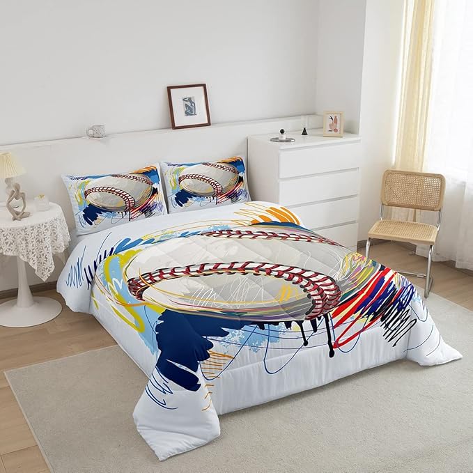 Erosebridal Baseball Comforter Set for Boys Kids Twin Grunge Graffiti Baseball Bedding Set Sports Theme Bed Comforter Sets Watercolor Hippie Tie Dye Quilt Duvet 1 Pillow Case Hand Drawn Navy