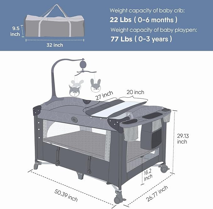 BabyBond Baby Bassinet Bedside Crib, Pack and Play with Sheet, Diaper Changing Table and Music Mobile from Newborn to Toddles, Portable Large Playard