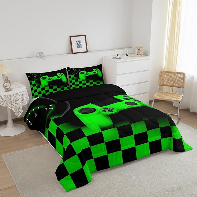 Gaming Comforter for Teen Boys Game Room Decor Bedding Set Kid Girls Gamepad Duvet Insert for All Season Gamer Home Decor Down Comforter Set with Black Green Buffalo Check Plaid Twin Size,1 Pillowcase