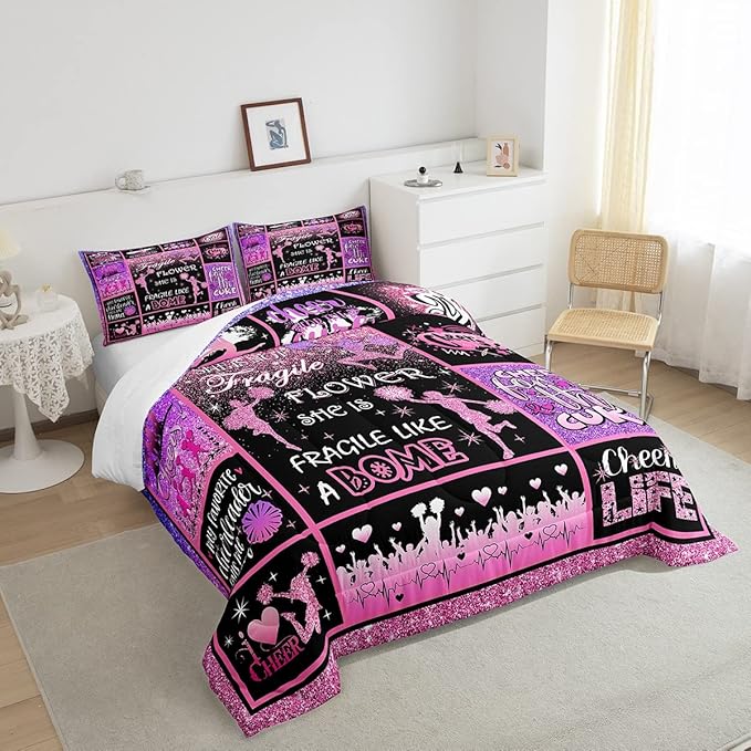 Cheerleading Comforter Set Cheer Gifts,Cheerleader Loves Bedding Set for Kids Girls Teens Adult,Cheer Pink (no real) Sequins Quilt Set Queen Geometric Plaid Patchwork Duvet Insert with 2 Pillowcases