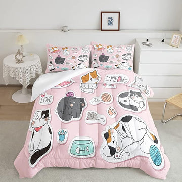 CVHOUSE Cat Bedding,Cartoon Cat Comforter King,Animals Print Comforter Set for Kids,Kawaii Quilt Set with 1 Comforter and 2 Pillow Cases