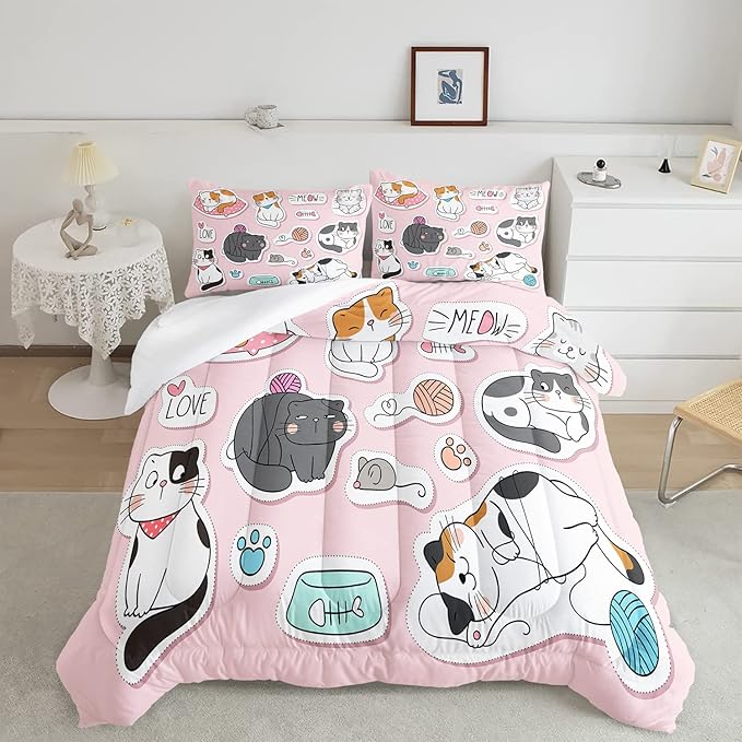 CVHOUSE Cat Bedding,Cartoon Cat Comforter King,Animals Print Comforter Set for Kids,Kawaii Quilt Set with 1 Comforter and 2 Pillow Cases