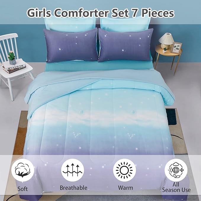 Girls Comforter Set Queen Size 7 Pieces Bed in A Bag Ombre Blue Purple Rainbow Bedding Set Collections for Teen Women (1 Comforter, 1 Flat Sheet, 1 Fitted Sheet, 2 Pillow shams, 2 Pillowcases)