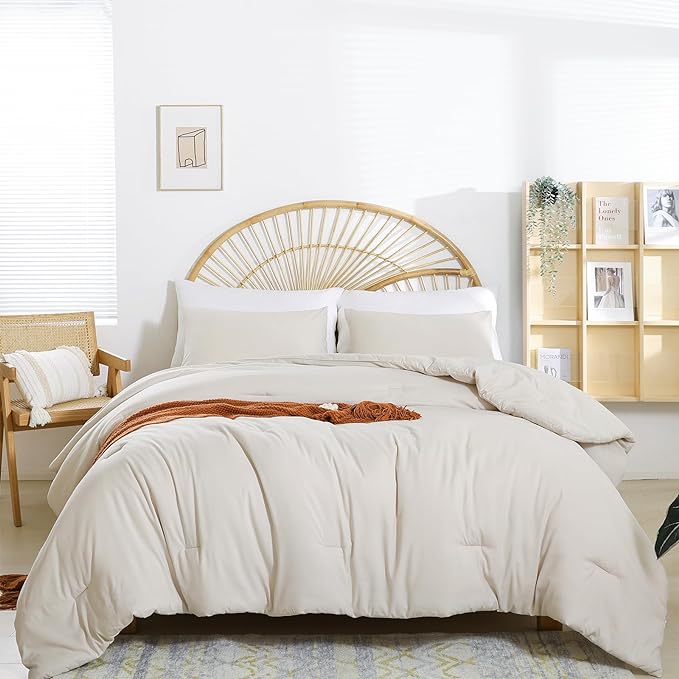Full Size Comforter Modern Beige 3PCS Microfiber Full Size Comforter Sets for All Season Comforter for Men, Women and Girls Soft Lightweight Bed Comforter Set (1 Comforter, 2 Pillowcases)