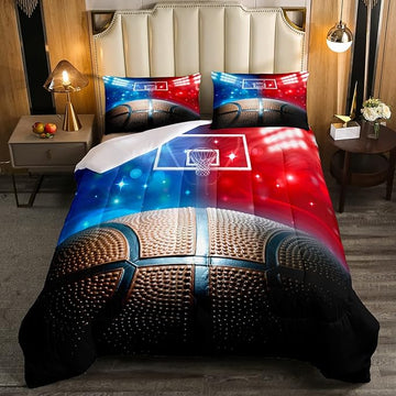 Erosebridal Basketball Comforter Set Twin for Kids Boys Teens Men,Sport Basketball Bedding Set Ball Games Down Comforter Red Blue Basketball Court Quilt Duvet Set Sports Room Decor 1 Pillow Case