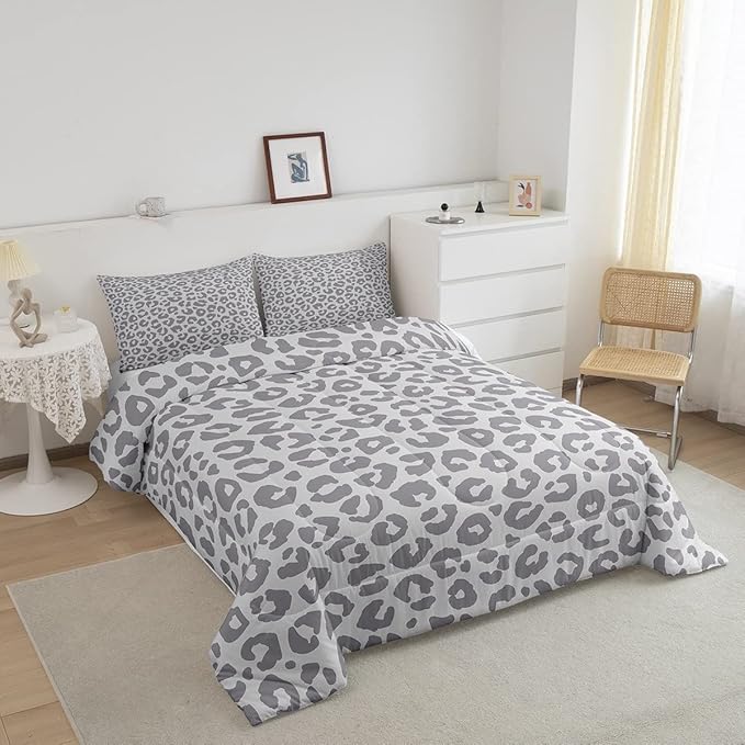 Feelyou Leopard Print Bedding Set Silver Gray Leopard Comforter Set for Boys Girls Kids Cheetah Printed Comforter Africa Wild Animal Skin Theme Duvet Set Room Decor Twin Size Quilt Set 2Pcs